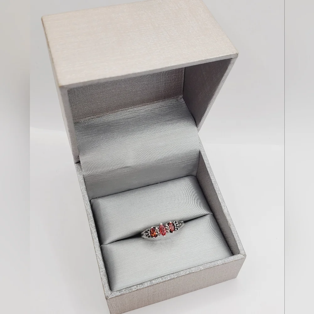 Genuine Red Marquise Ruby 925 Sterling Silver Three Stone Ring